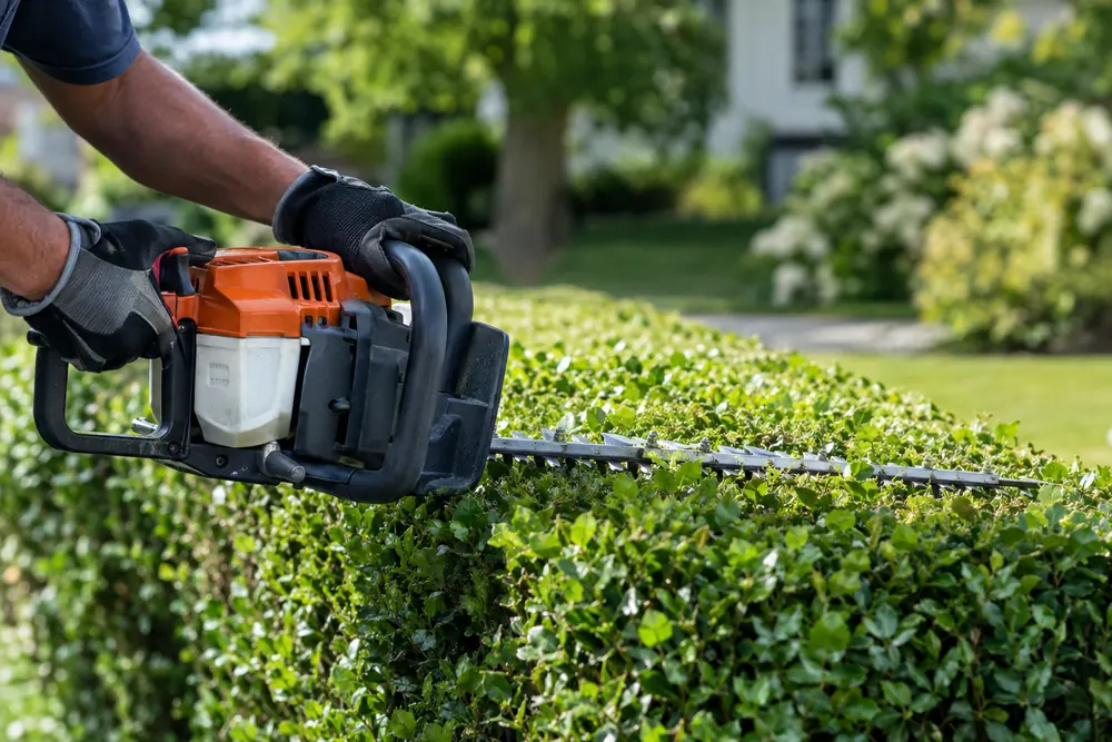 Hedge trimmer shaping a row of shrubs